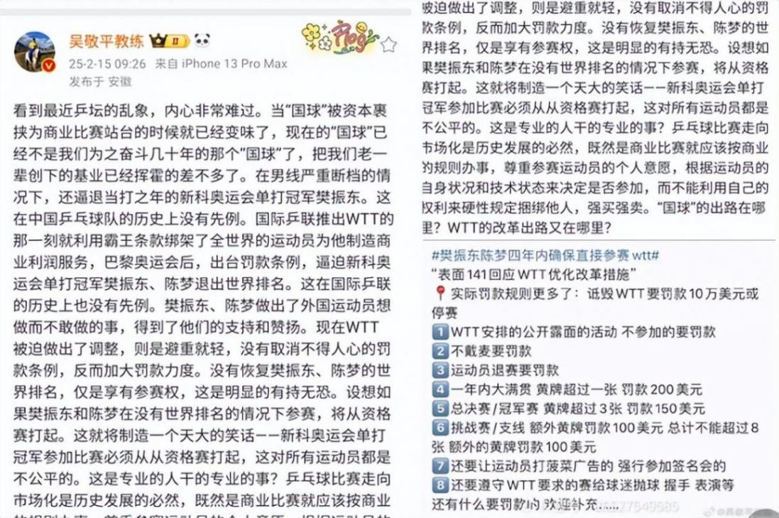 樊振東恩師發文炮轟WTT